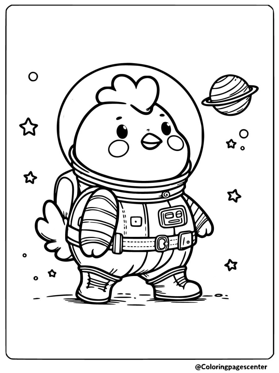 Funny chicken in space suit coloring page