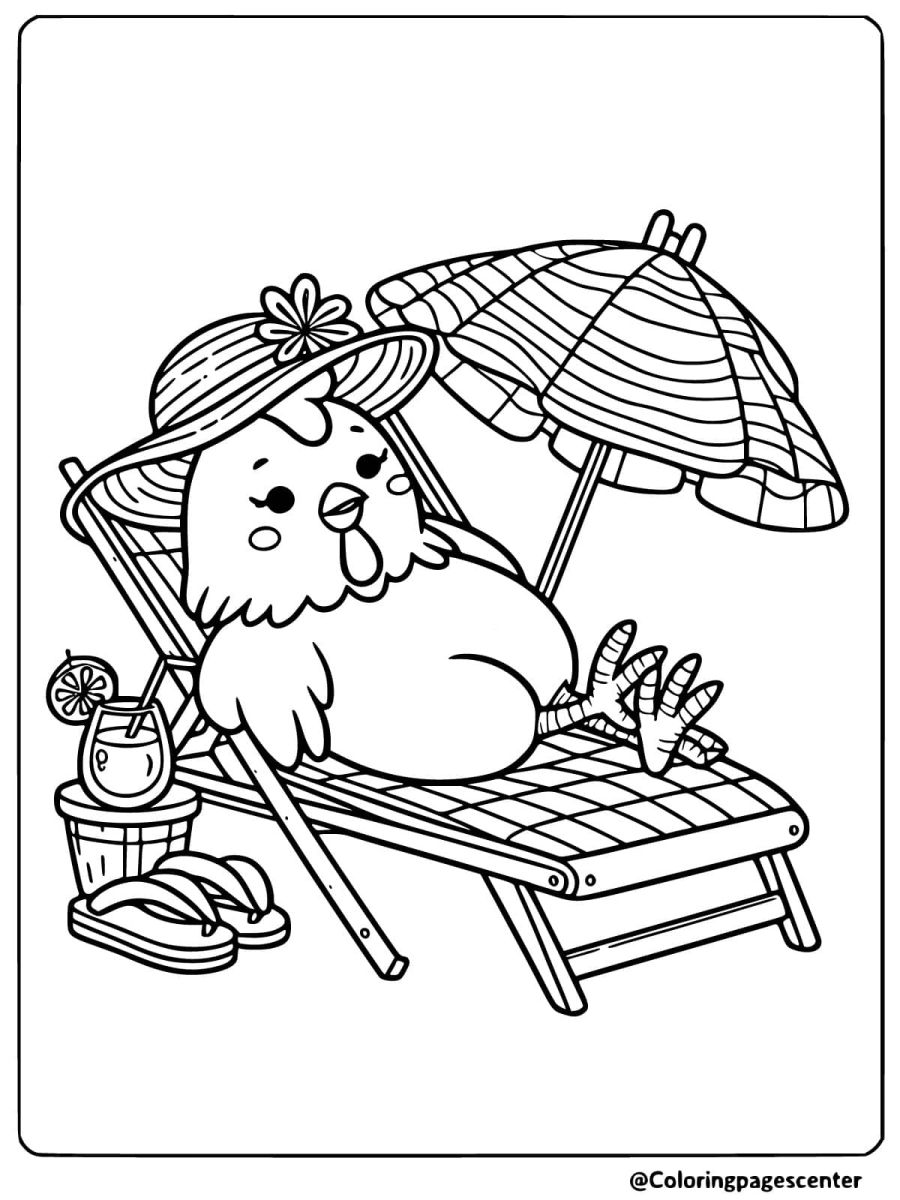 Funny chicken on lounge chair coloring page