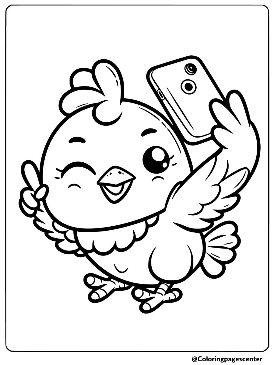 Funny chicken holding phone coloring page