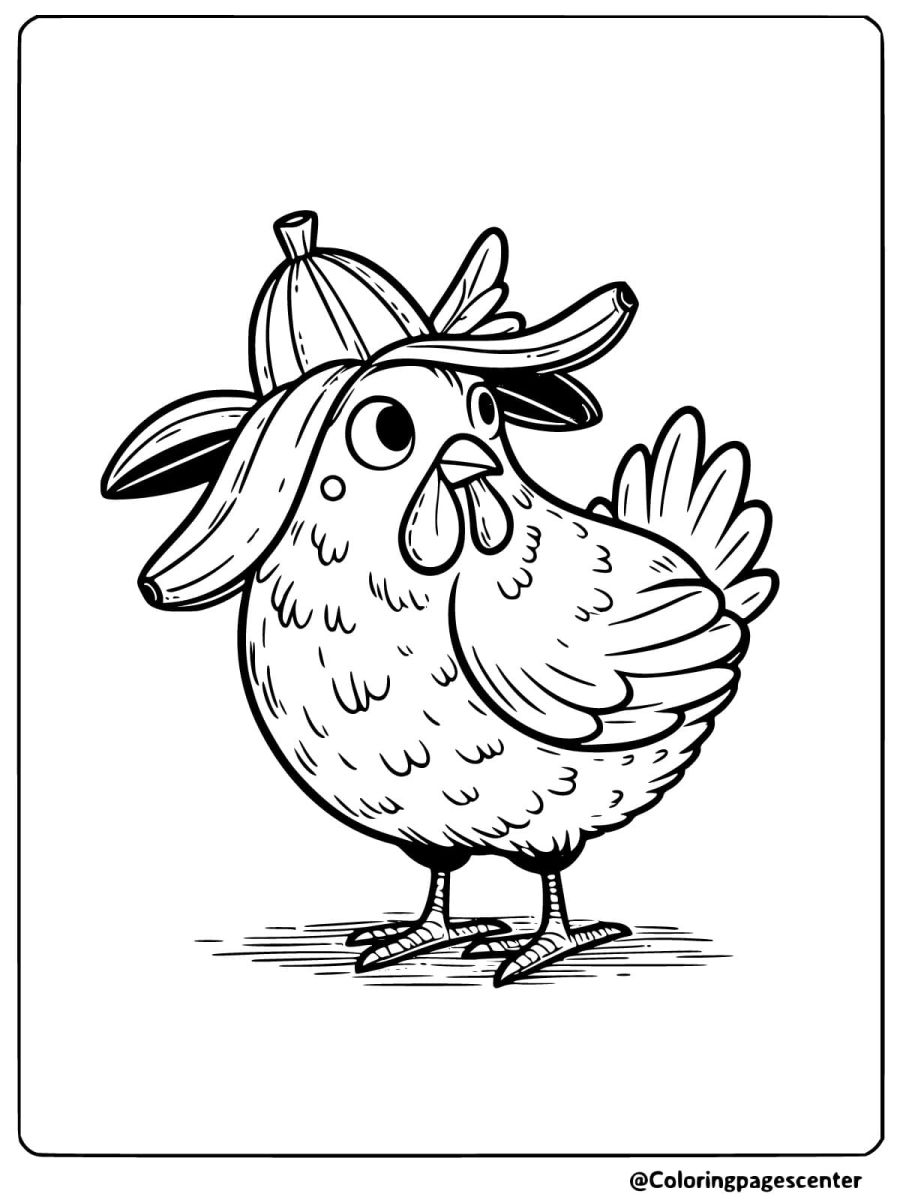 Funny chicken with banana hat coloring page