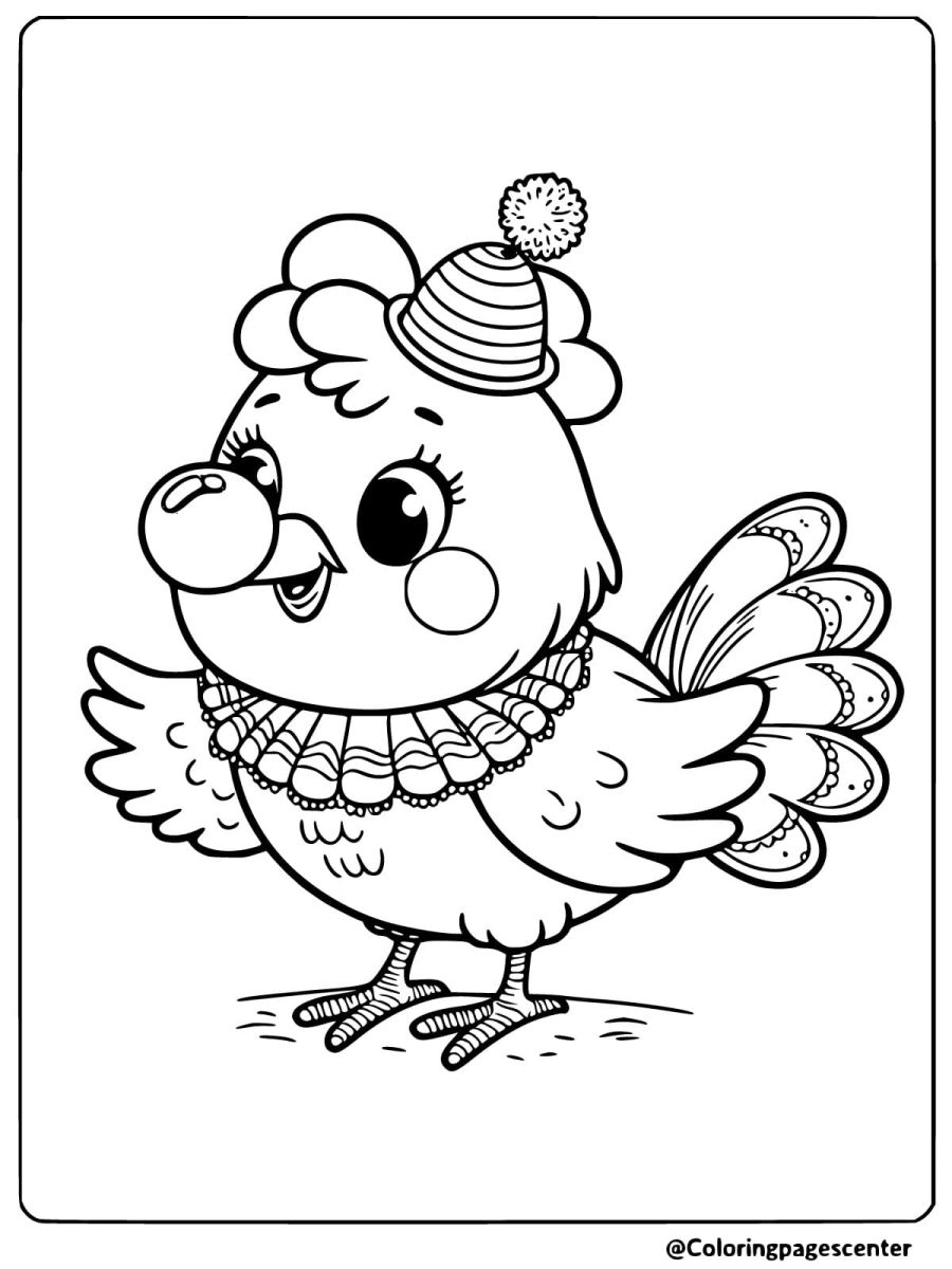 Funny chicken clown with party hat coloring page