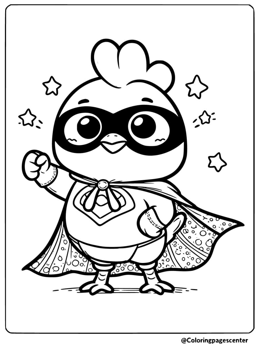 Funny chicken in superhero costume coloring page