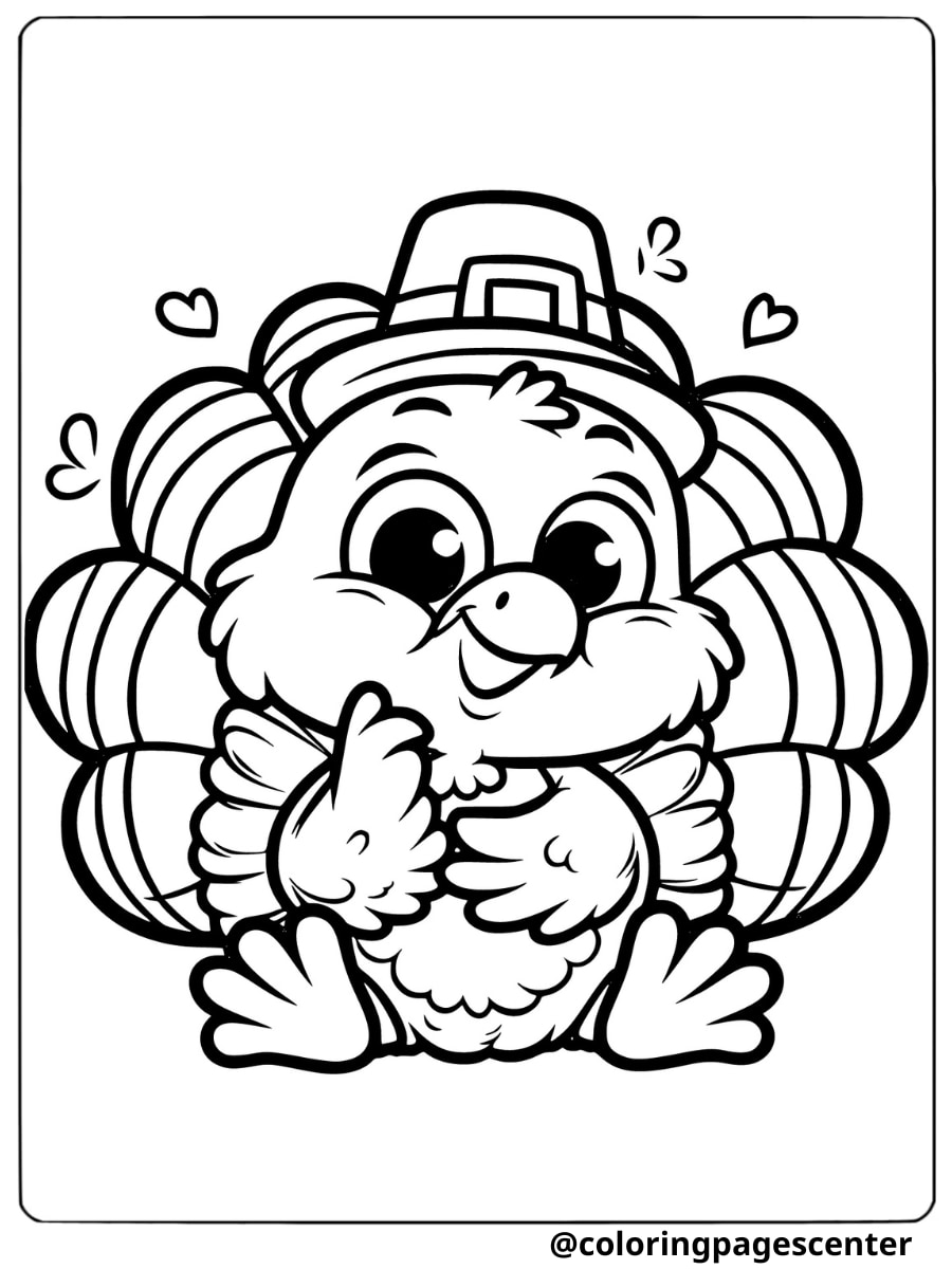 A cute funny turkey sitting with hearts coloring page