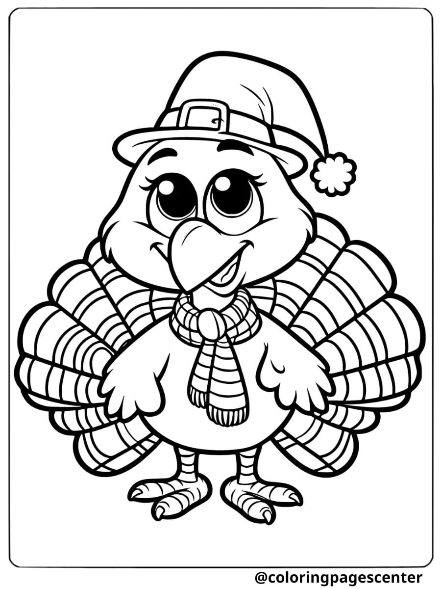 A funny turkey with a winter hat and scarf coloring page