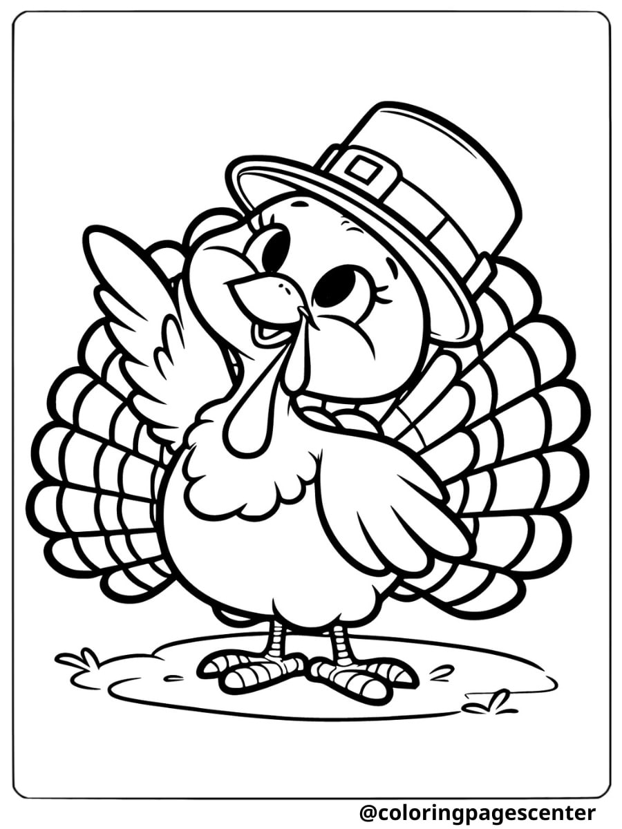 Funny turkey waving and wearing a hat coloring page