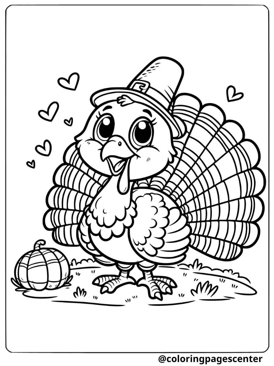 A funny turkey with hearts and a pumpkin coloring page