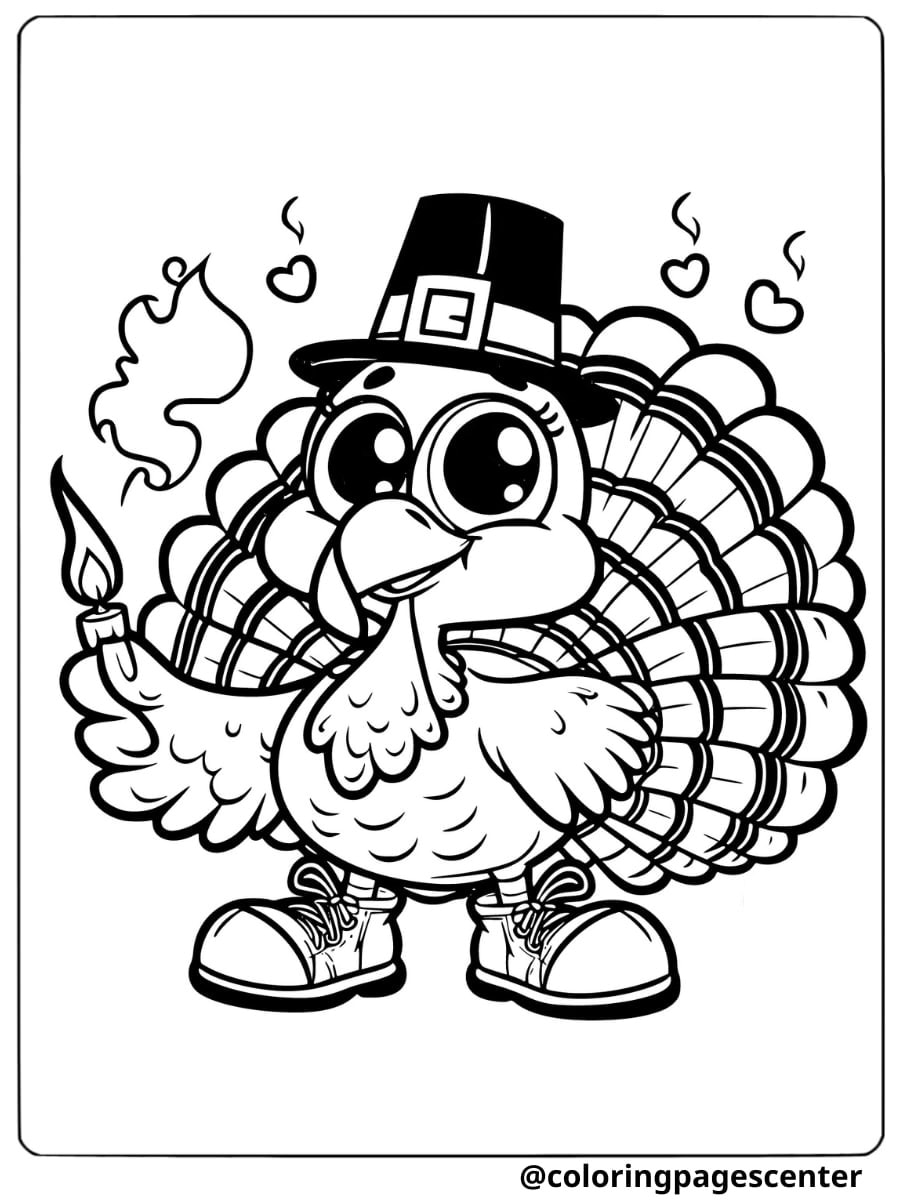 Funny turkey wearing a pilgrim hat with a lighter coloring page