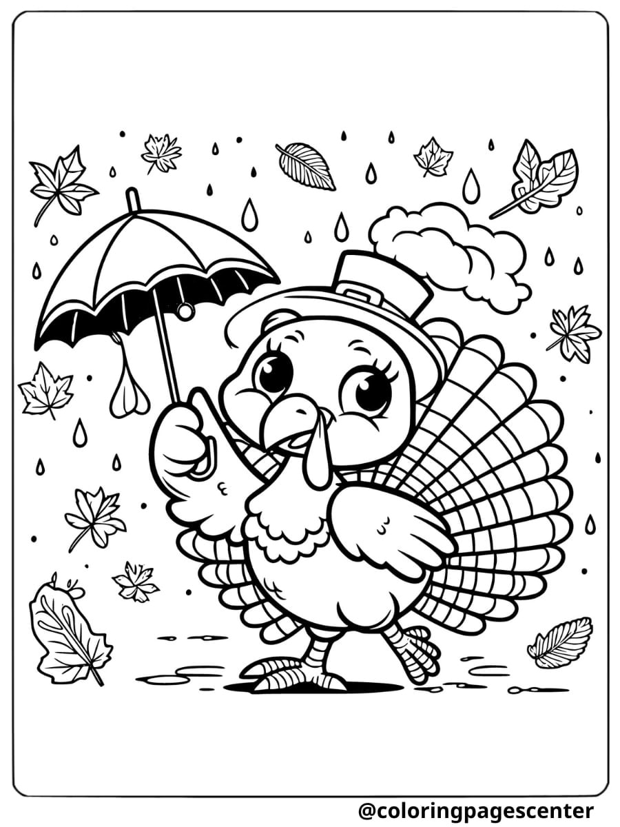 Funny turkey holding an umbrella in the rain coloring page