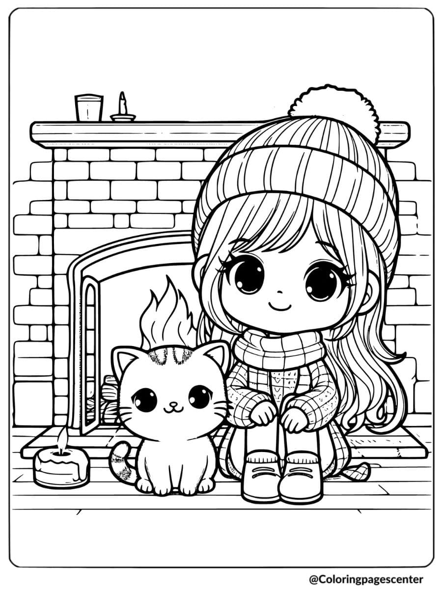 Coloring page of a girl and cat near a fireplace