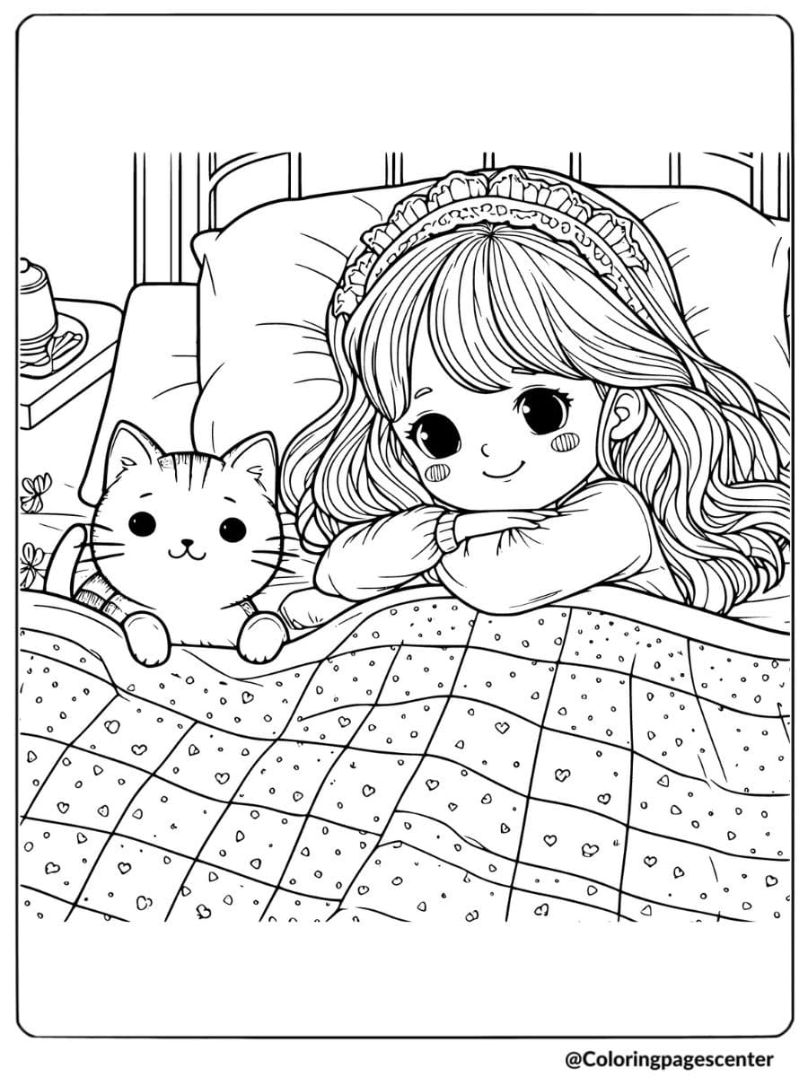 Coloring page of girl and cat lying in bed together