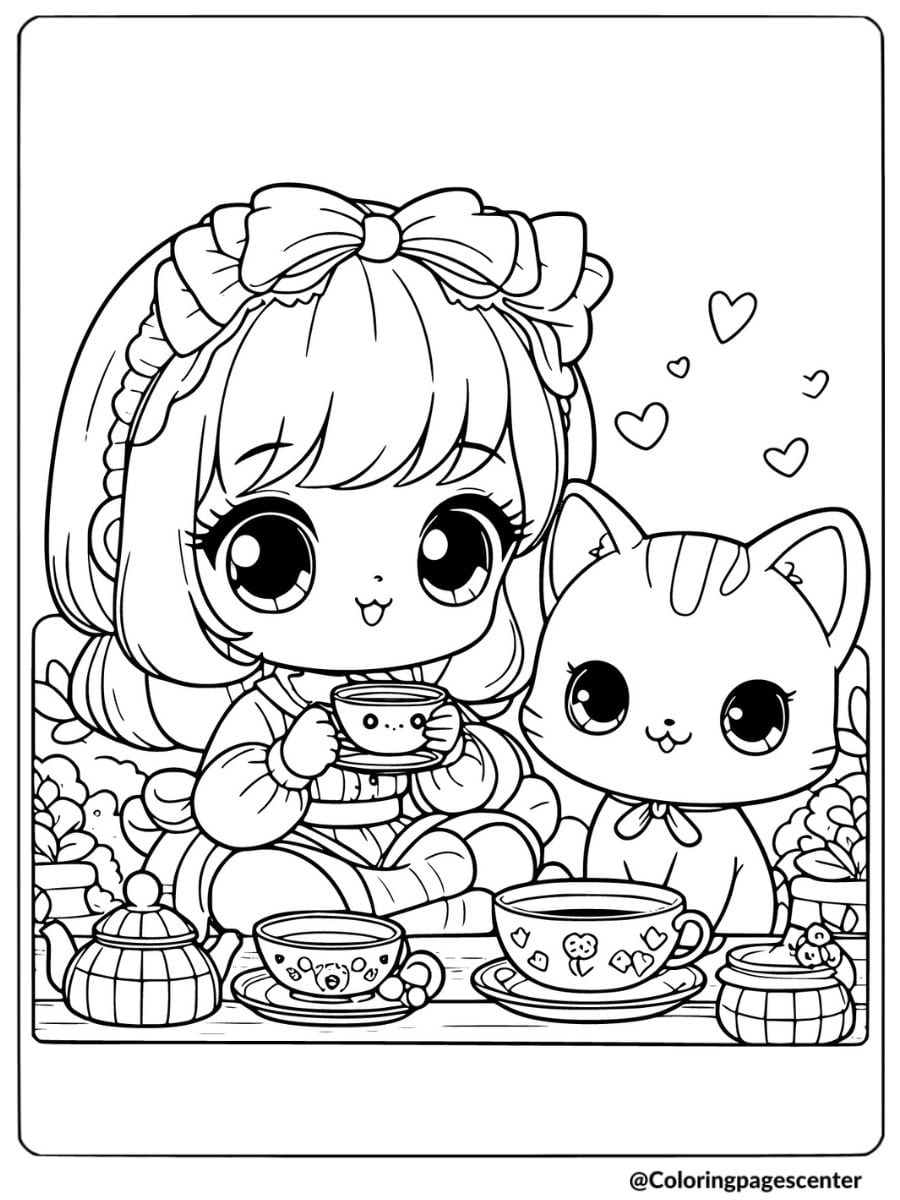 Coloring page of a girl and cat having tea together