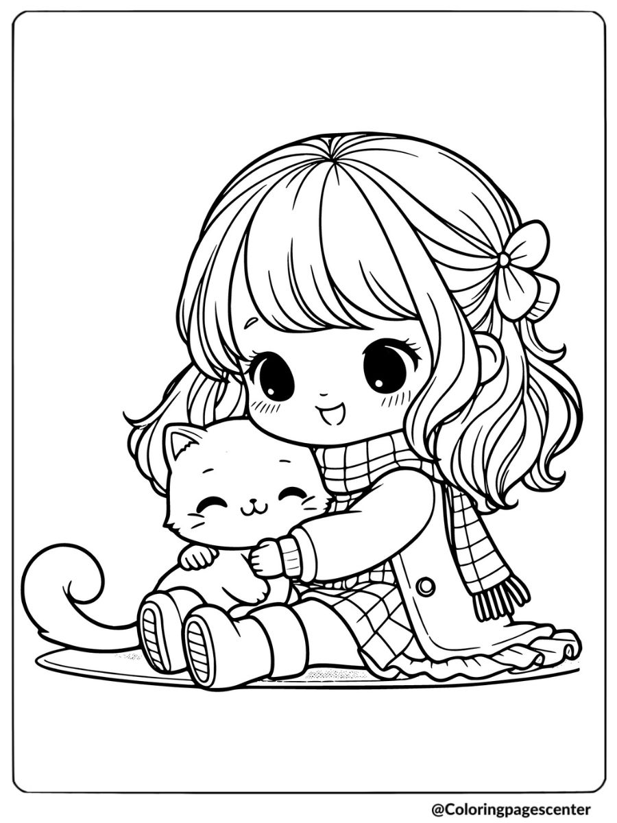 Coloring page of girl hugging her cat