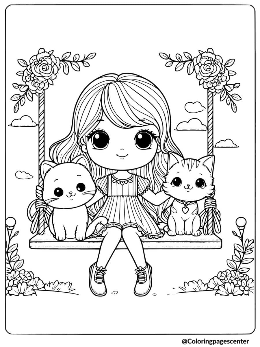 Coloring page of girl sitting on a swing with two cats