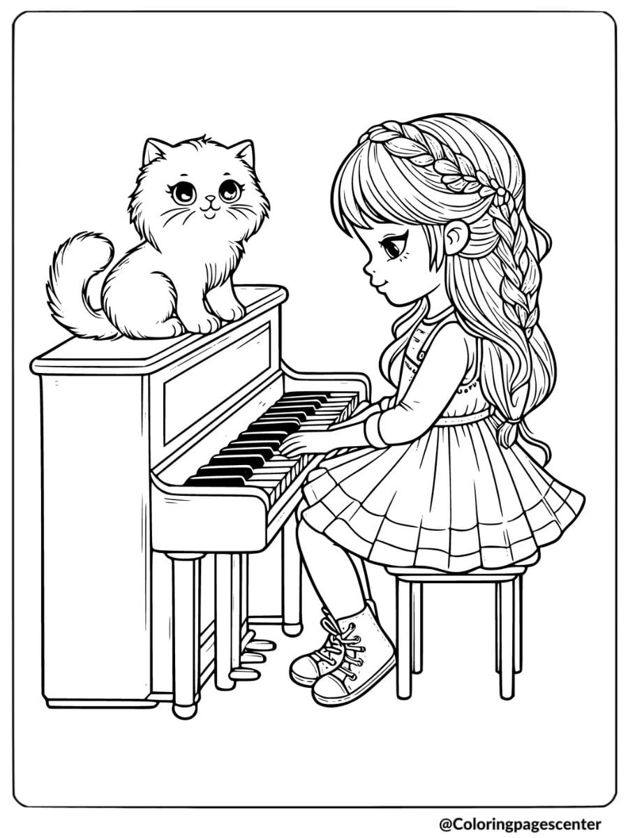 Coloring page of girl playing piano with a cat