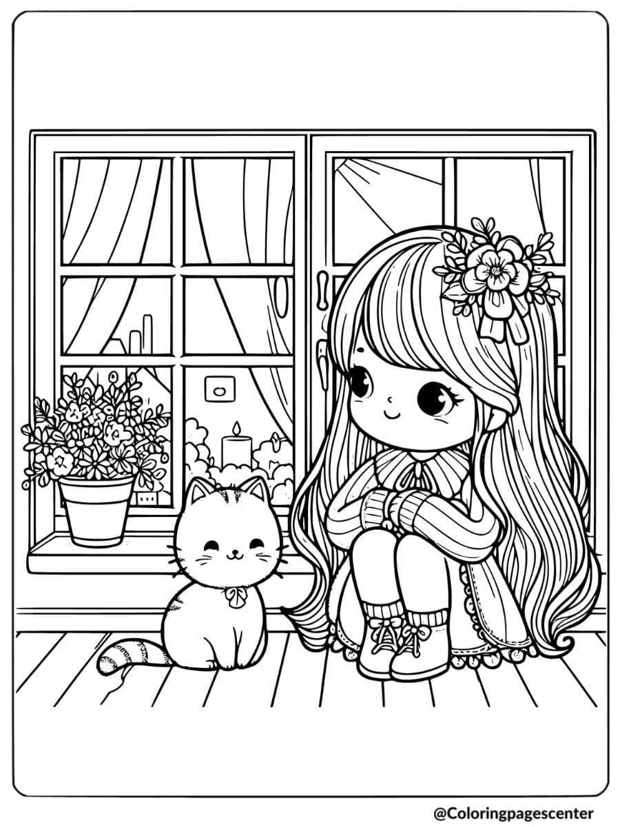 Coloring page of girl sitting with a cat by the window