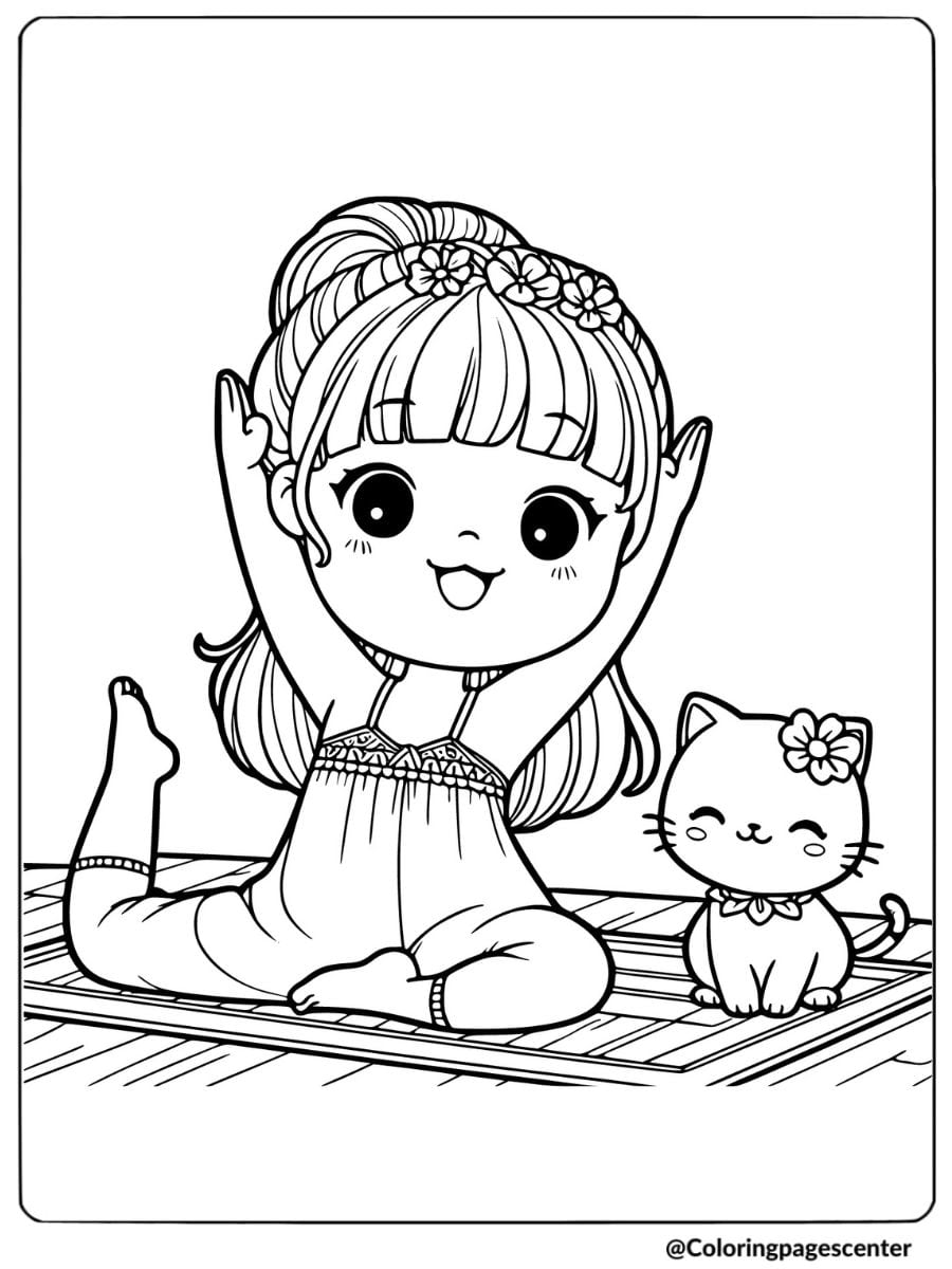 Coloring page of a girl stretching with her cat