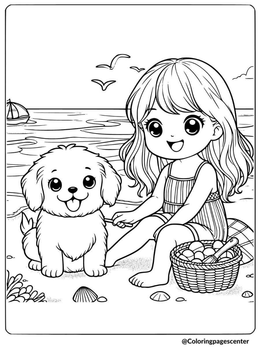 Girl sitting with dog on beach coloring page