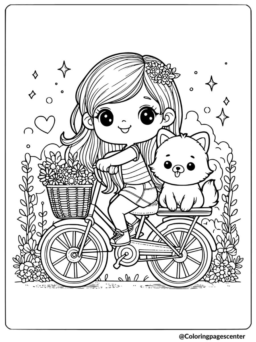 Girl riding bicycle with dog in basket coloring page