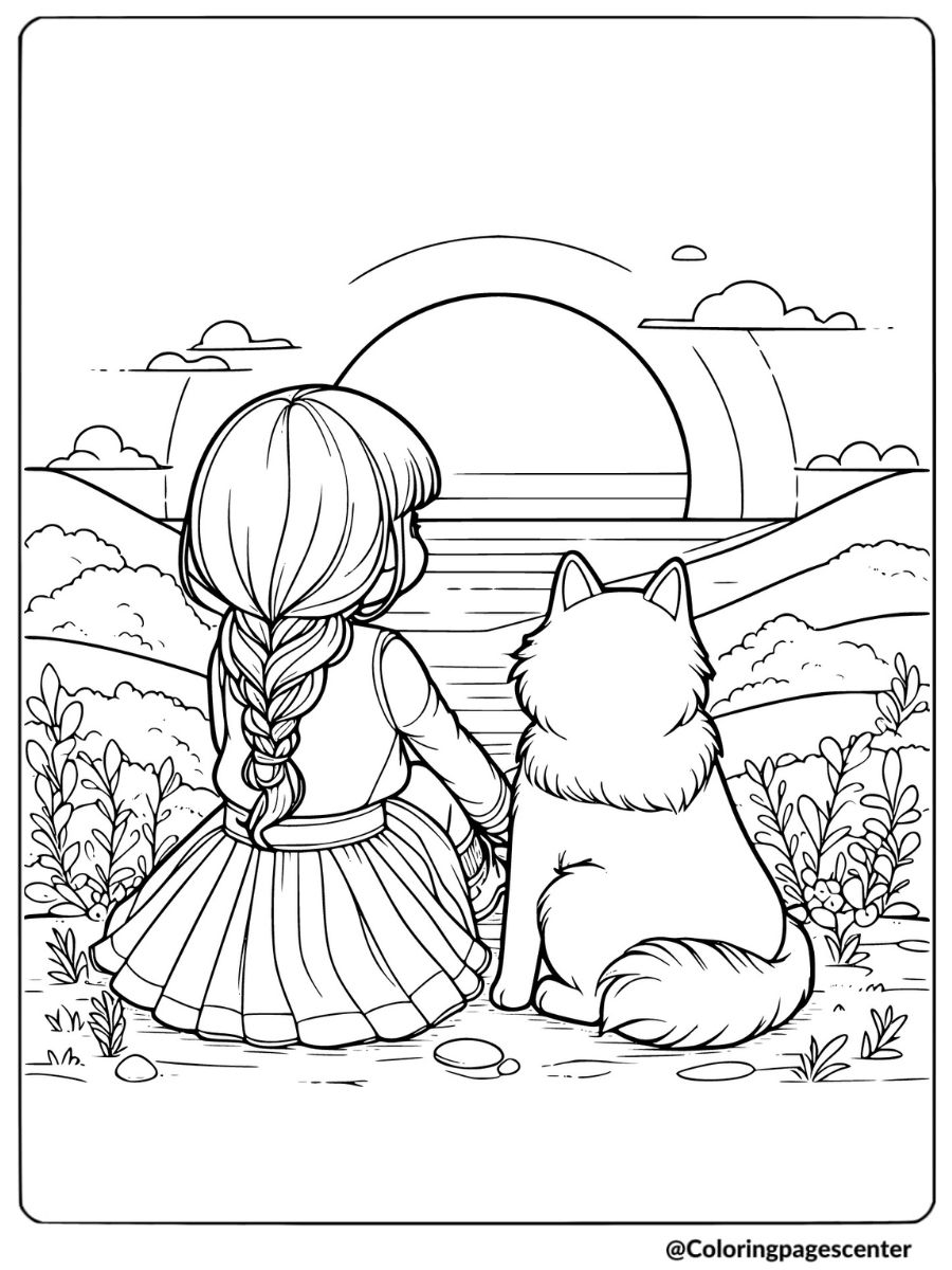 Girl sitting with dog by sunset coloring page