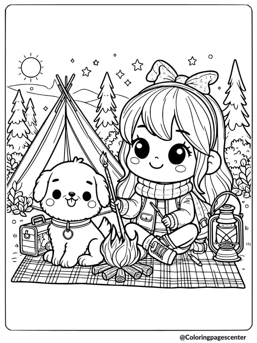 Girl roasting marshmallows with dog coloring page