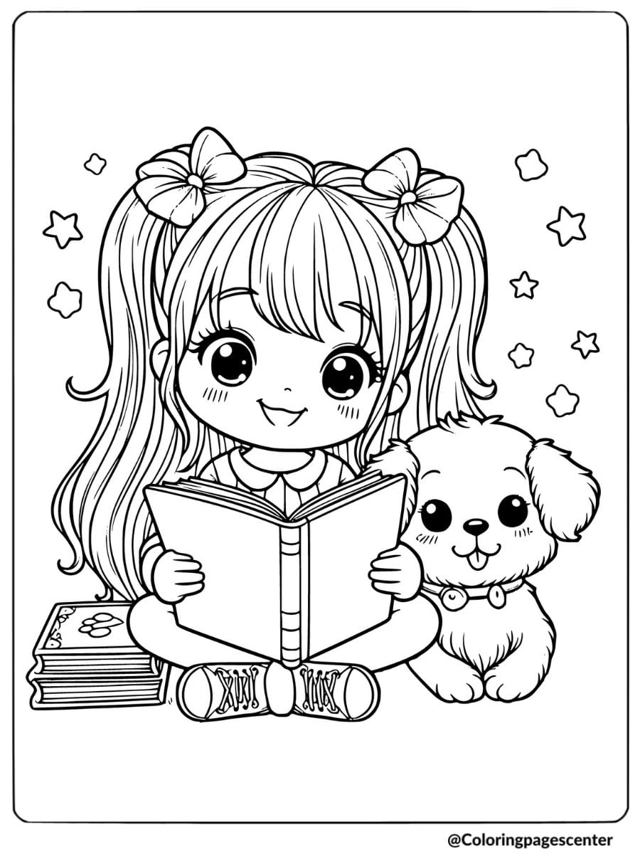 Girl reading book with dog coloring page