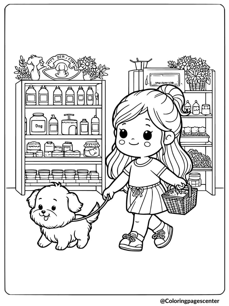 Girl with dog at store coloring page