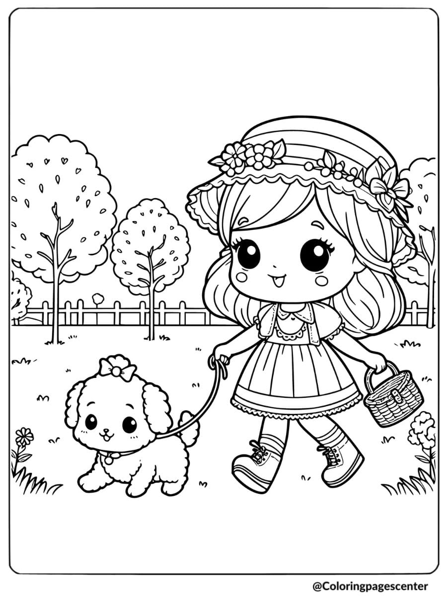 Girl with dog in park coloring page