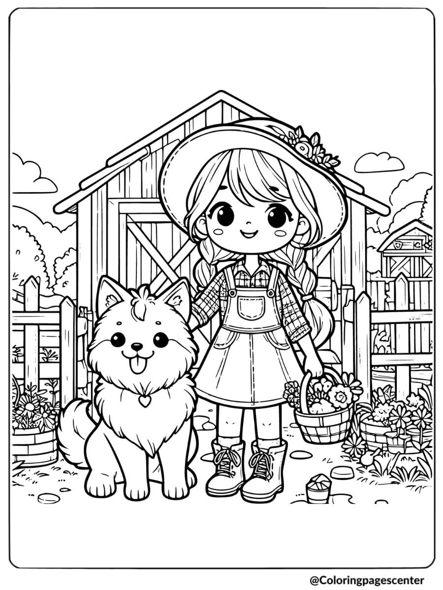 Girl and dog at farm coloring page