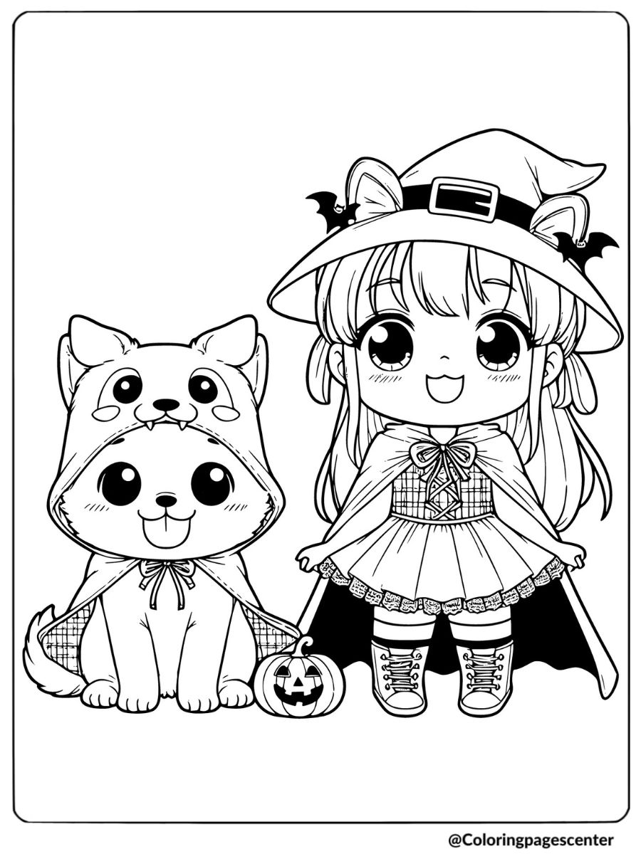 Girl and dog in Halloween costumes coloring page