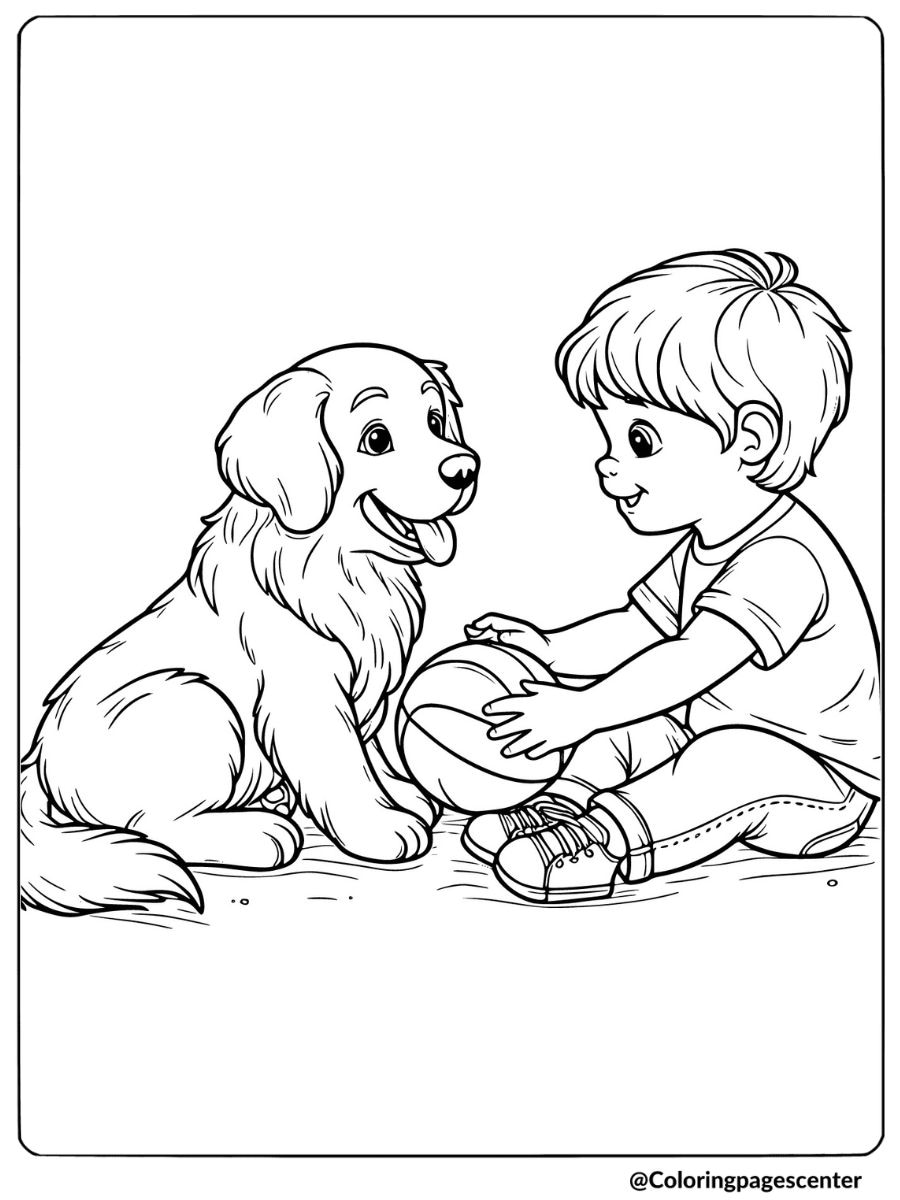 A boy playing with a golden retriever and ball coloring page