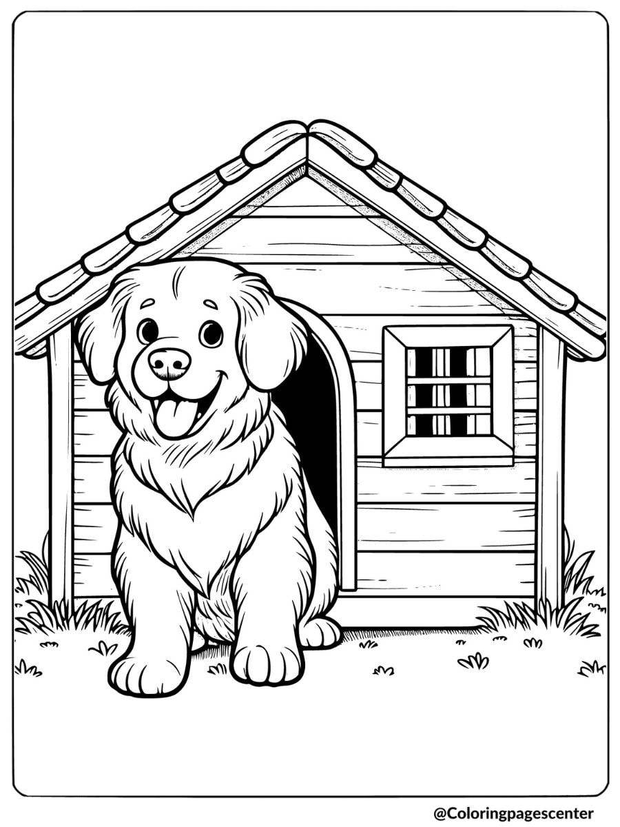 Happy golden retriever by a doghouse coloring page