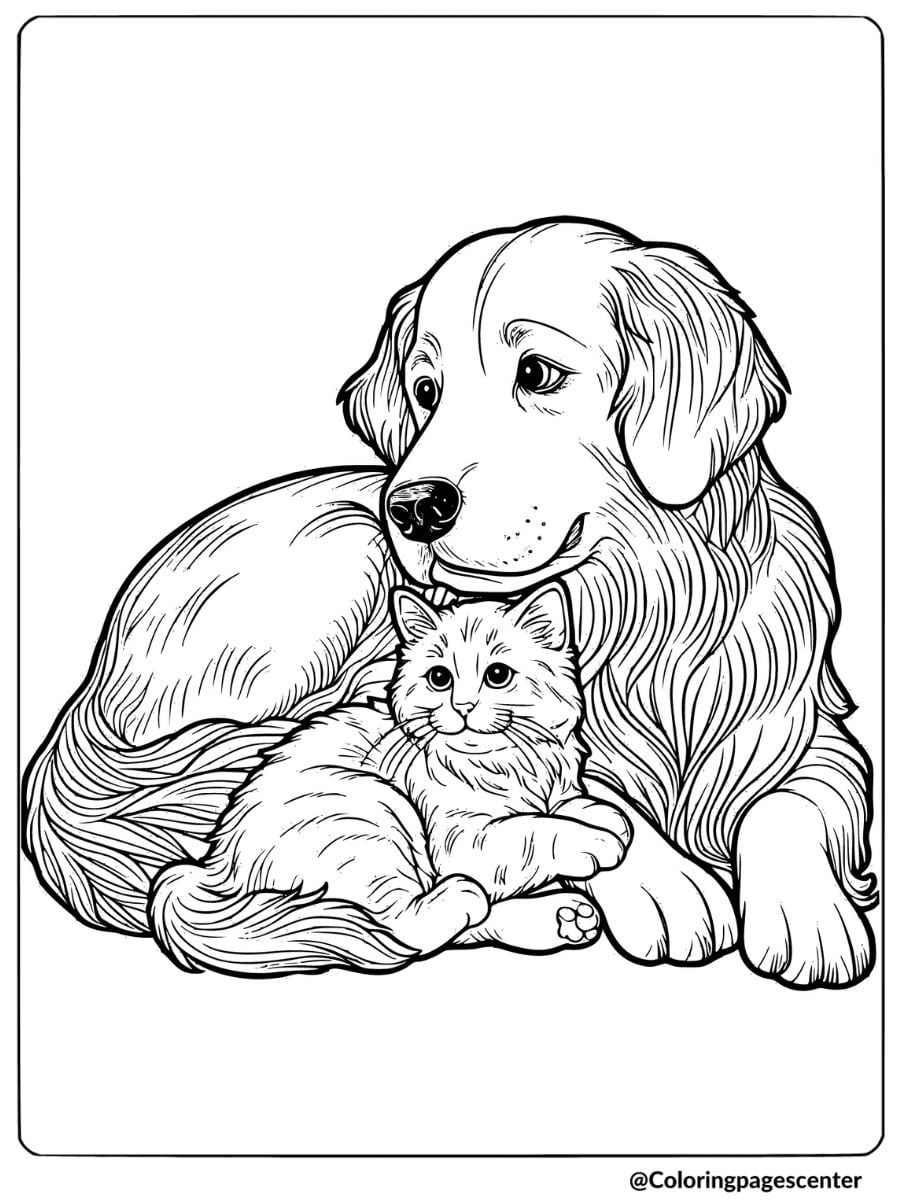 Golden retriever cuddling a kitten coloring page