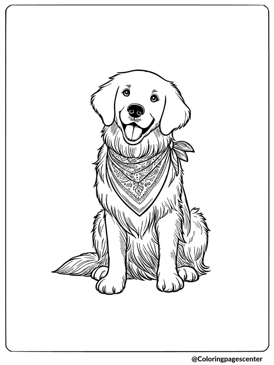 Golden retriever with bandana sitting happily coloring page