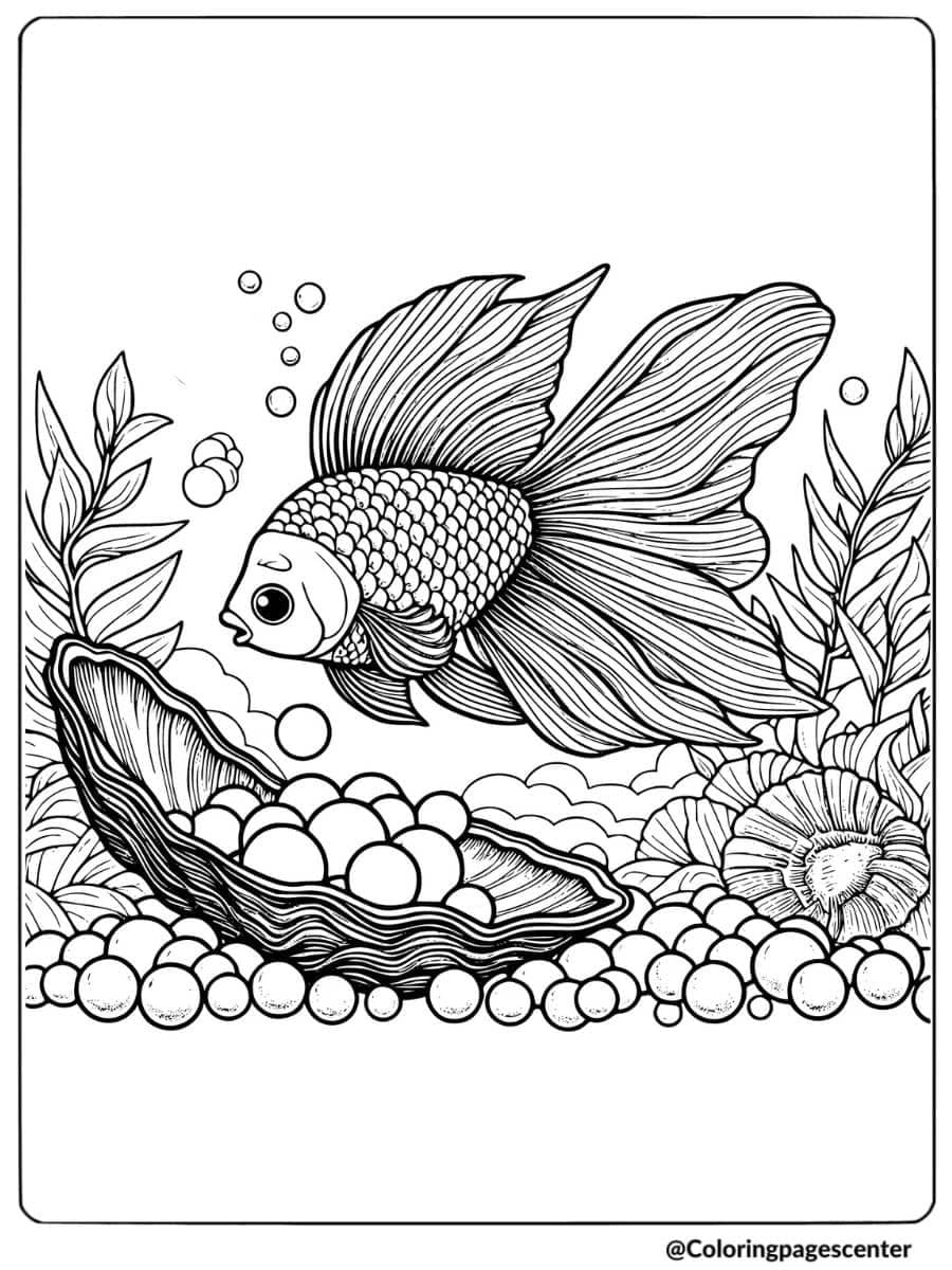 Goldfish with open shell and pearls coloring page