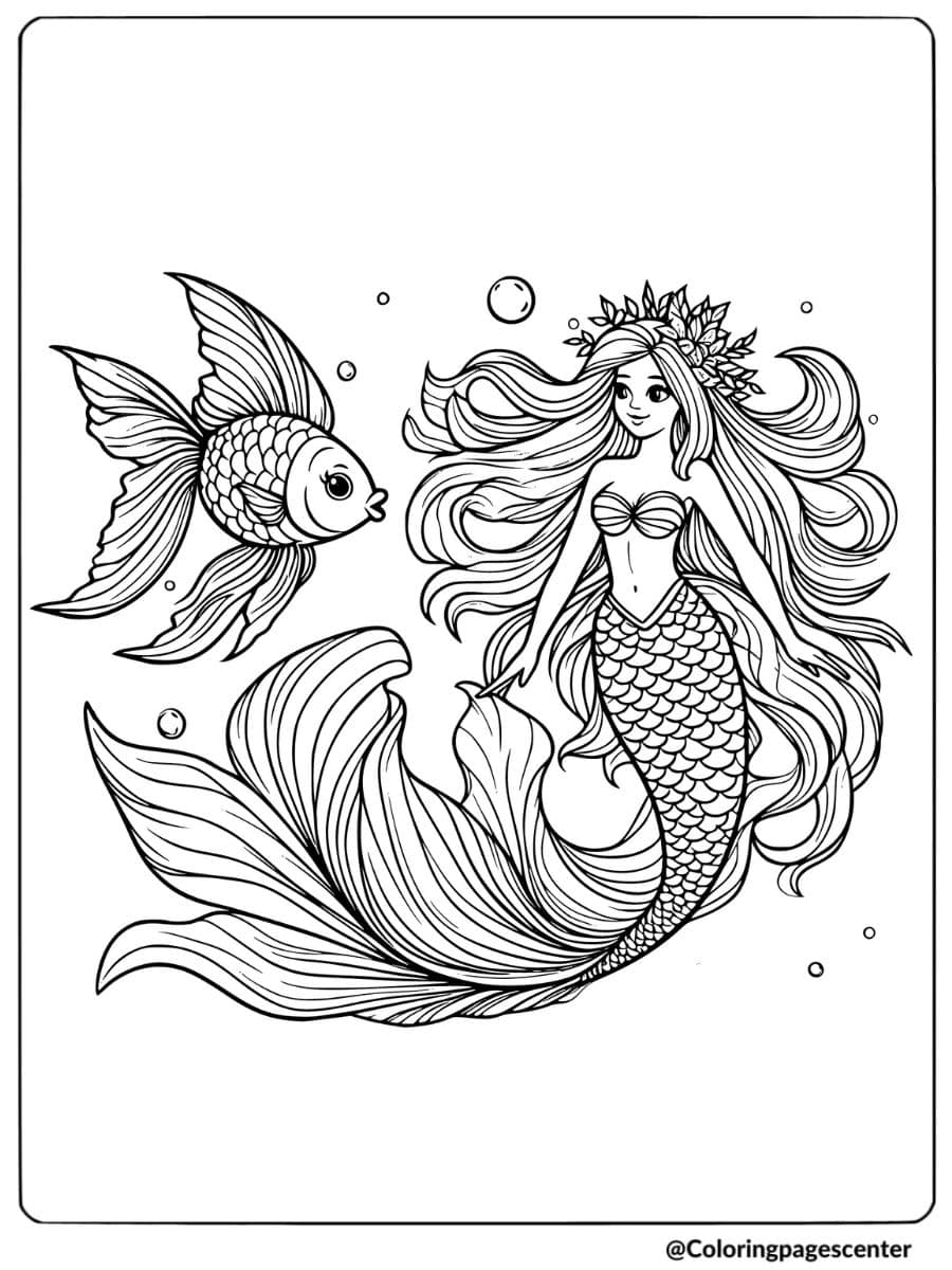 Goldfish and mermaid underwater coloring page