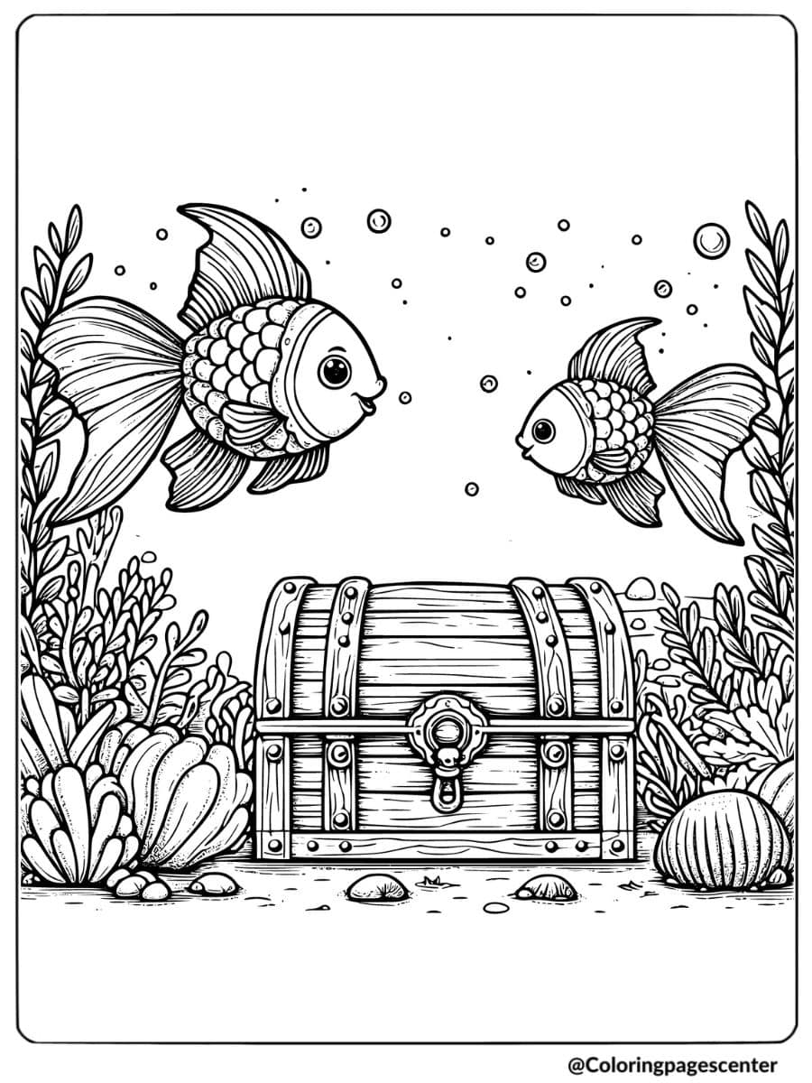 Two goldfish near treasure chest coloring page