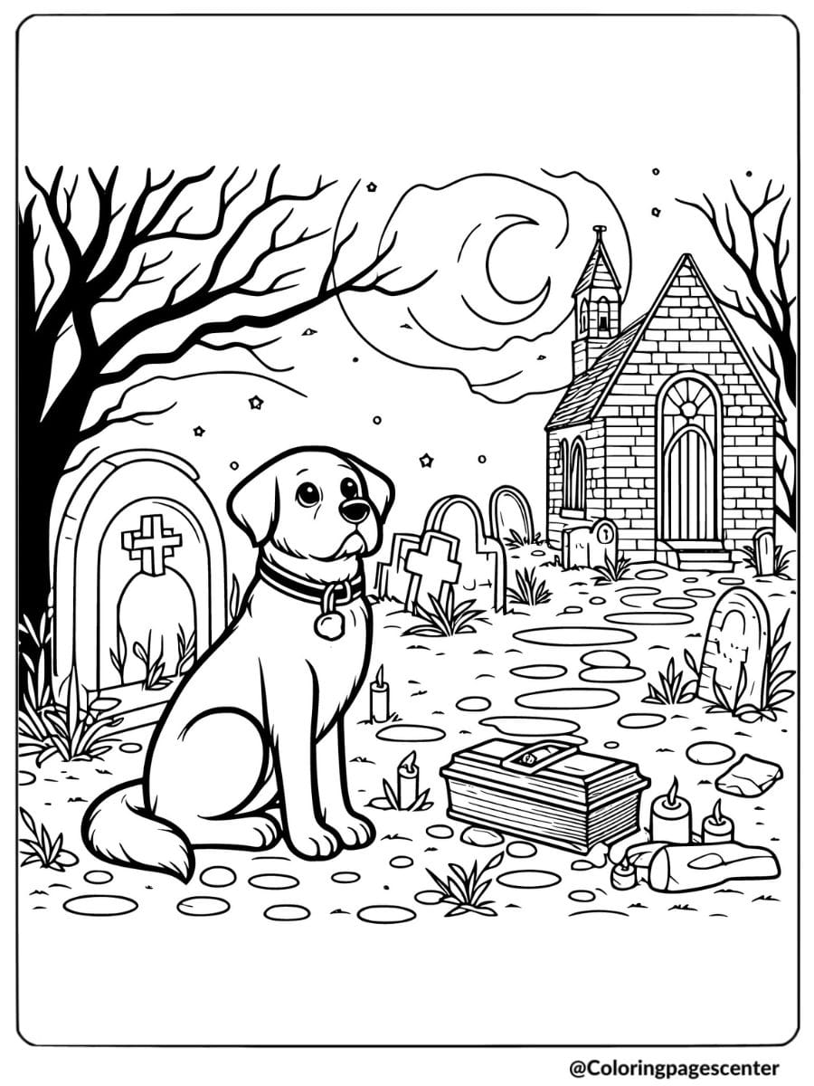 Halloween dog sitting in a spooky cemetery coloring page