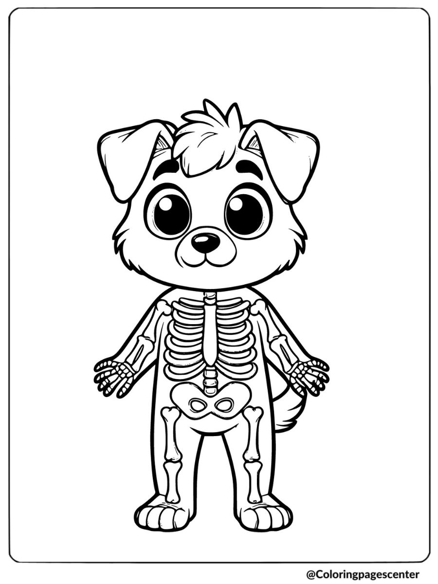 Halloween dog dressed in a skeleton costume coloring page