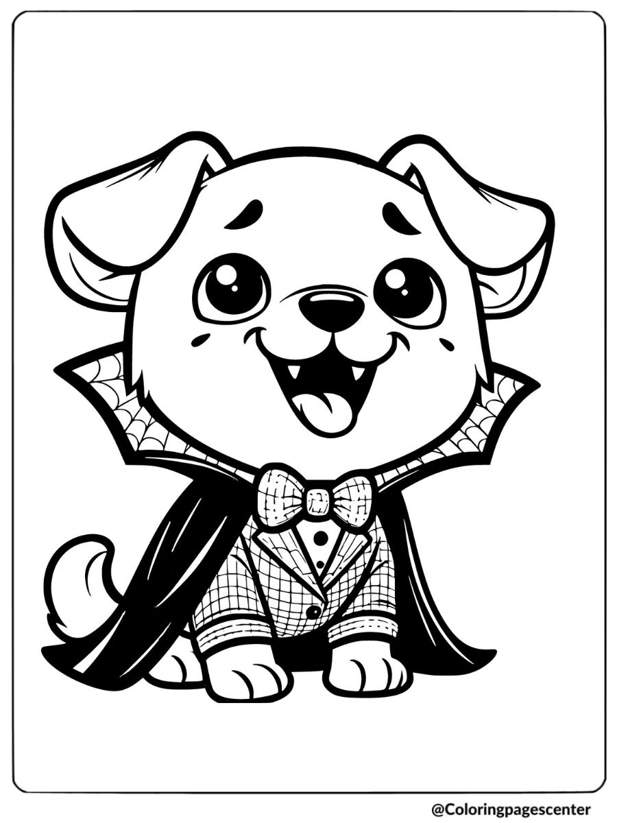 Halloween dog dressed as a vampire coloring page