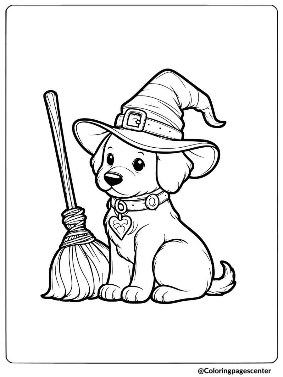 Halloween dog dressed as a witch with a broom coloring page