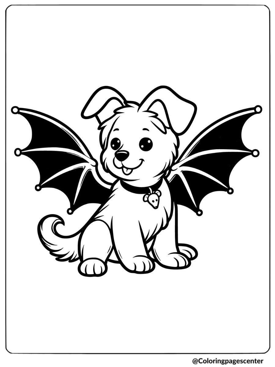 Cute Halloween dog with bat wings coloring page