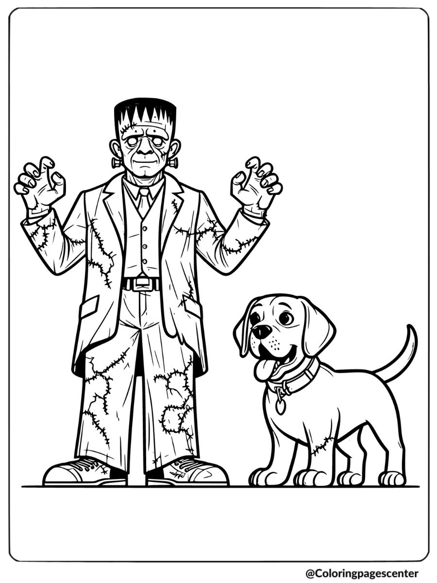 Halloween dog standing beside Frankenstein coloring page