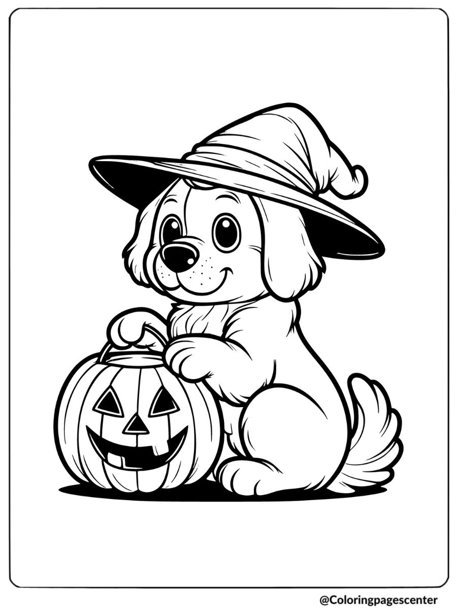 Halloween dog holding a jack-o-lantern coloring page