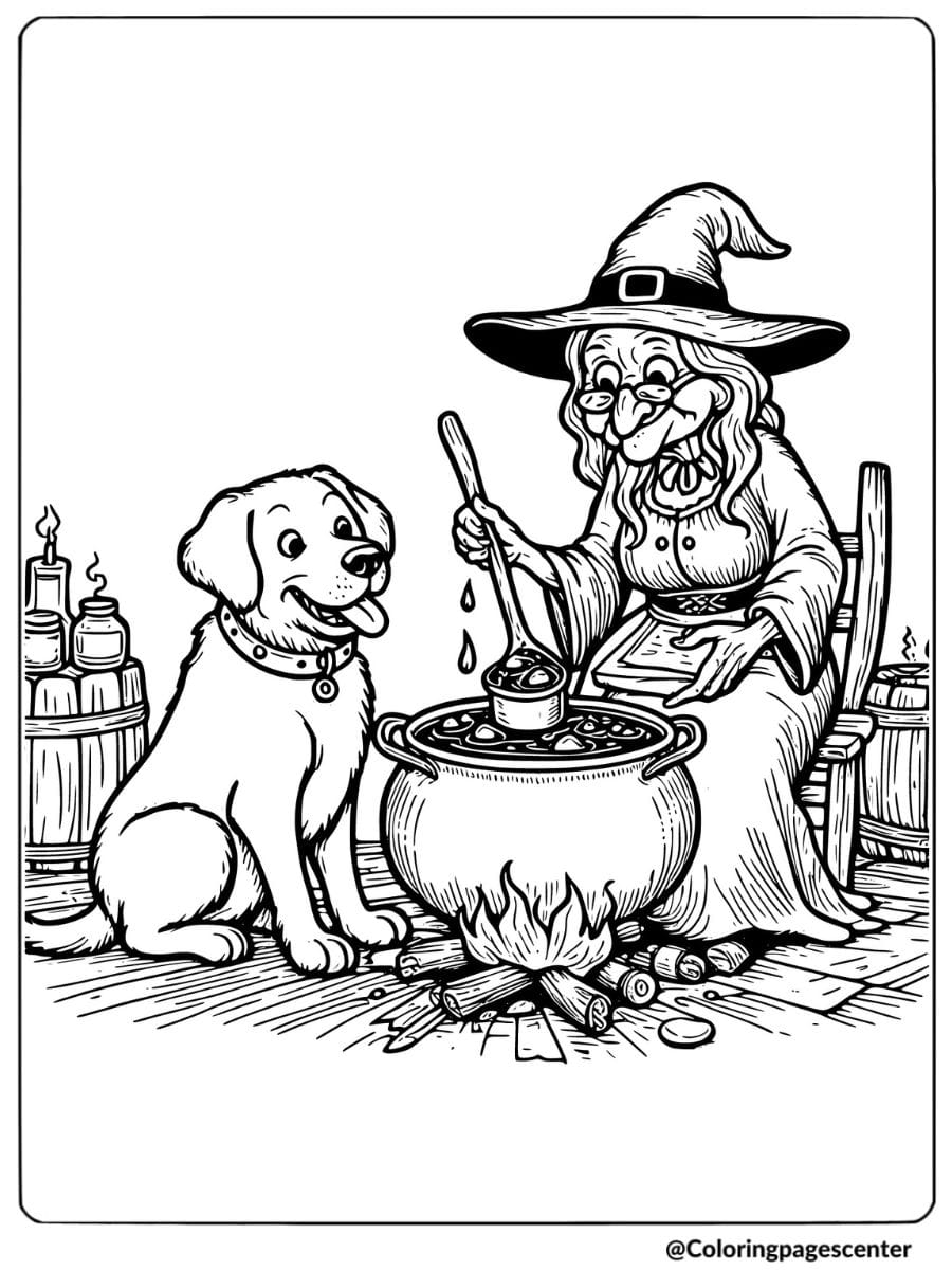 Halloween dog sitting next to a witch brewing coloring page