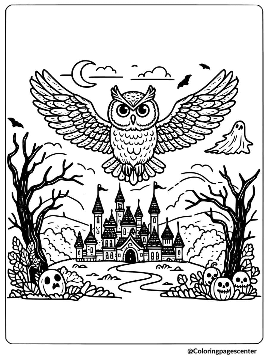 Halloween owl flying over a haunted castle coloring page