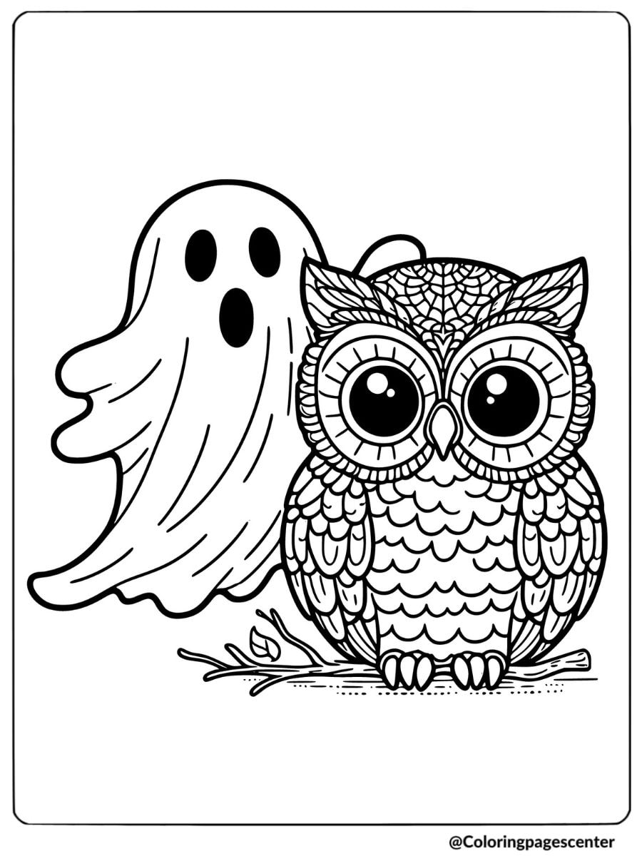 Halloween owl with a ghost in the background coloring page