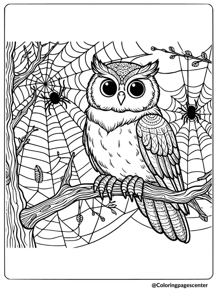 Halloween owl with spider webs coloring page