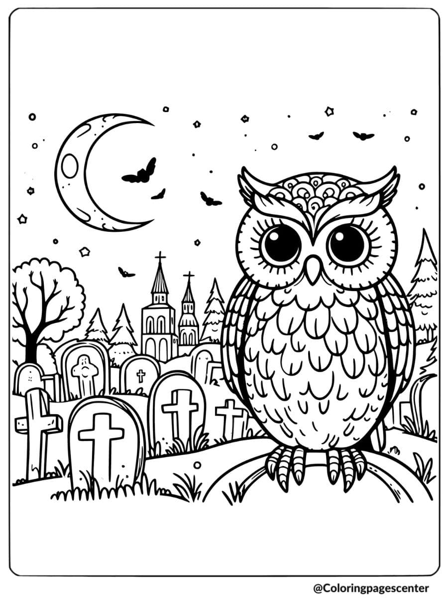 Halloween owl sitting in a spooky graveyard coloring page