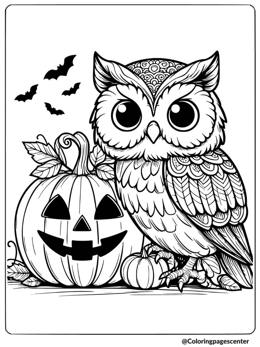 Halloween owl sitting beside a pumpkin with bats coloring page