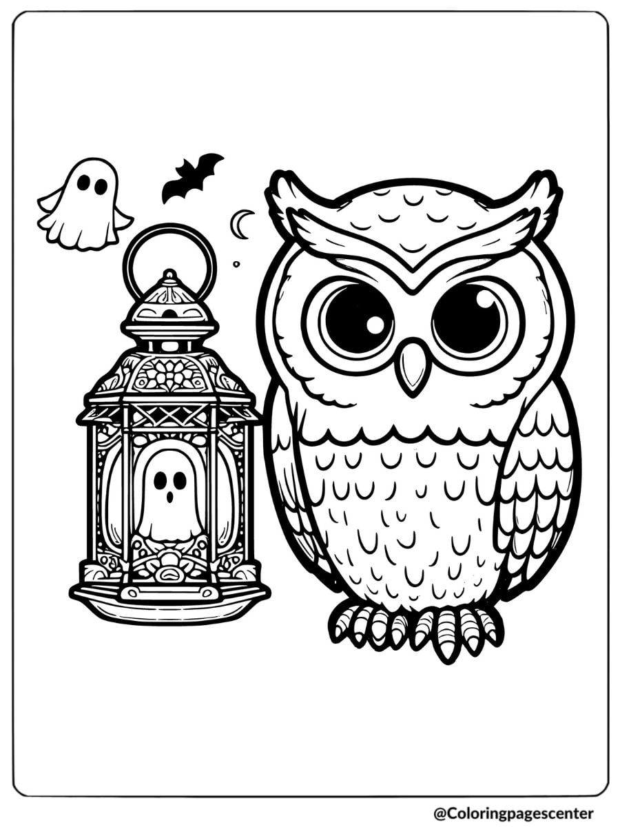 Halloween owl standing by a lantern with ghost coloring page